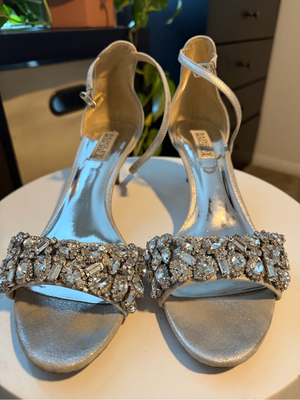 Badgley Mischka Silver Crystal-Embellished Open-Toe Heels